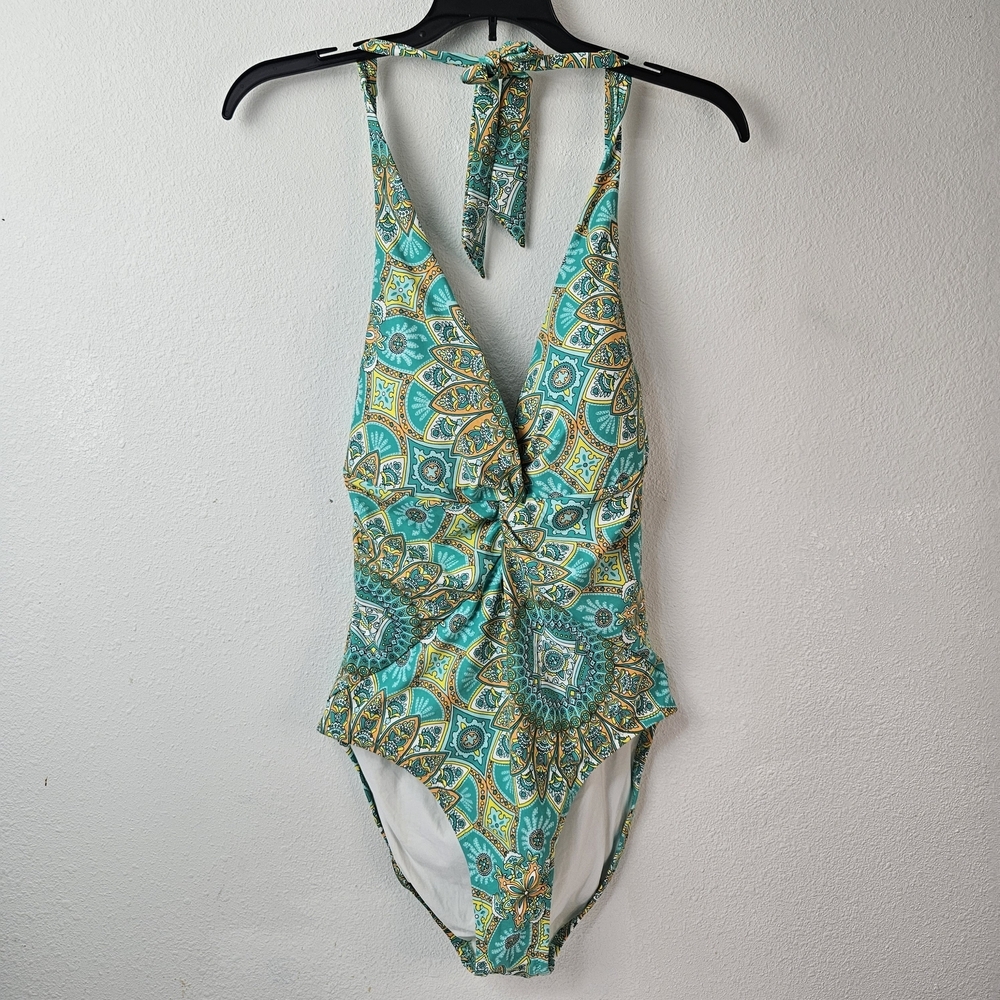 HELEN JON Jamie Sea Plunge twist front One Piece halter Swimsuit Size Large NWT